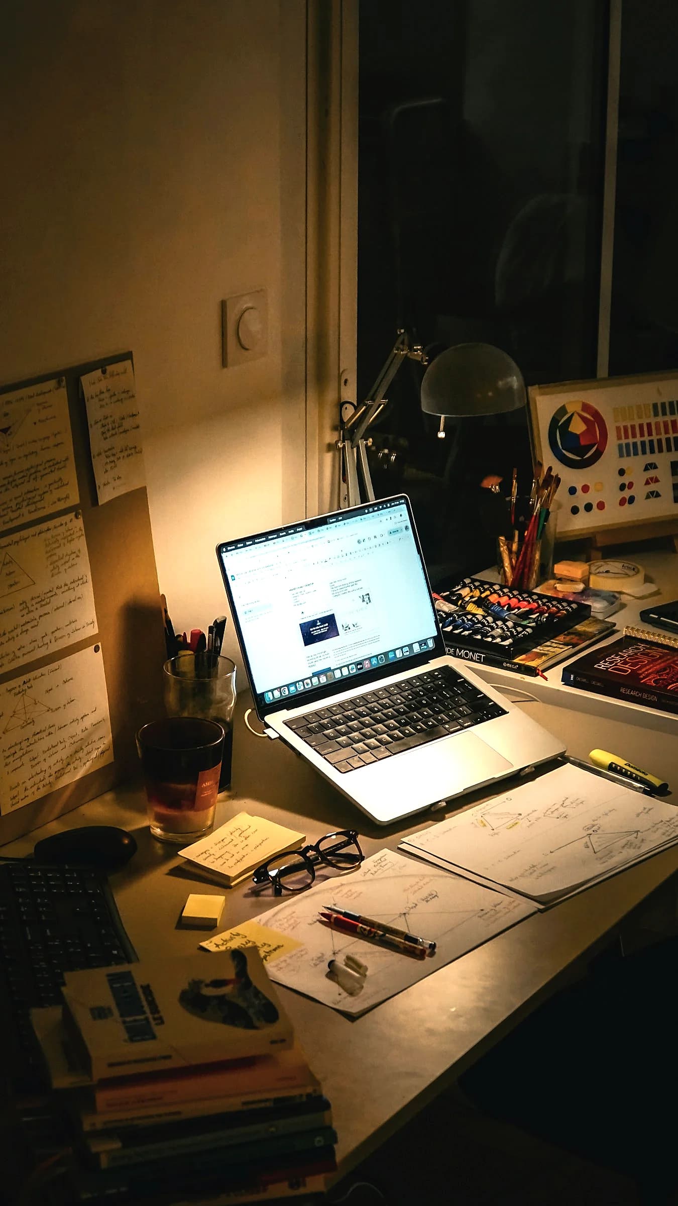 A desk with a laptop, books and papers under a lamp at night